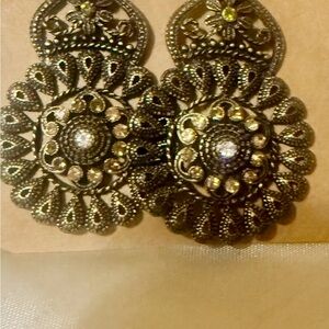 Elegant Brass Filigree Earrings- with stones throughout